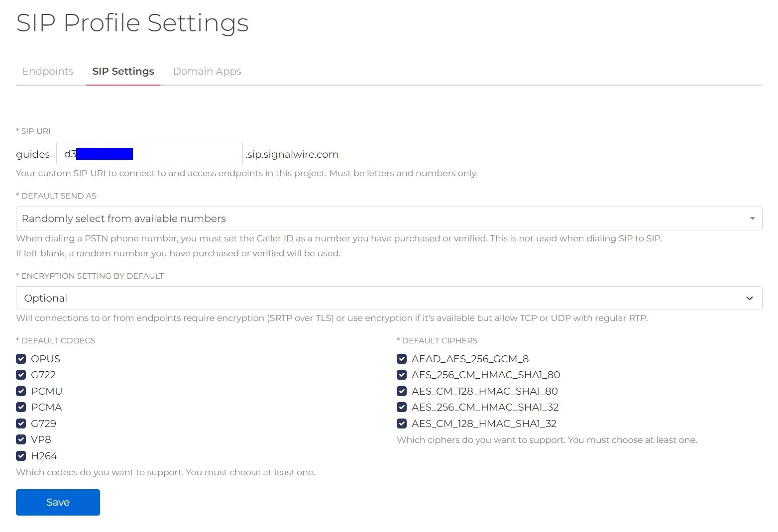 SIP settings page.